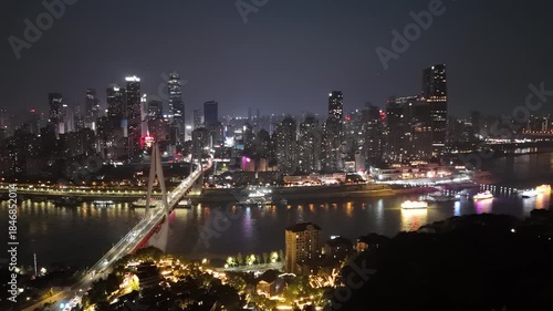 Chongqing Yuzhong Peninsula Night Aerial View with Yangtze River and Dongshuimen Bridge