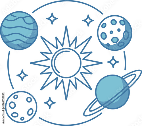 Solar system line icon with sun and planets in orbit