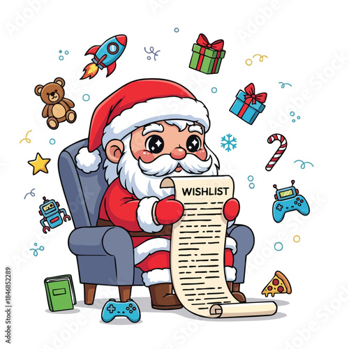 Jolly Santa Claus reviewing his extensive holiday wish list surrounded by festive toys and festive treats during Christmas preparation