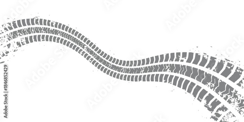 Wavy gray grunge tire track mark on a white background creating a dynamic design element