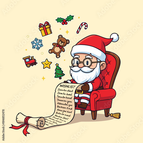 Santa Claus reviewing his extensive Christmas wishlist while surrounded by festive holiday symbols and toys