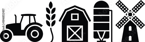 Agriculture icon set with tractor, wheat, barn, silo and windmill in black and white