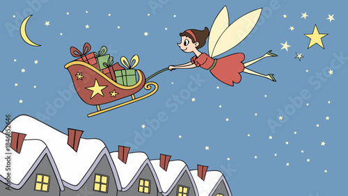 A magical fairy flies through a starry night sky, pulling a sleigh full of Christmas presents over snow-covered rooftops.