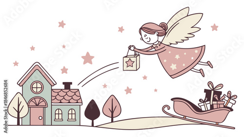 A cute cartoon angel flying over houses, delivering a gift, with a sleigh full of presents and stars in the background.