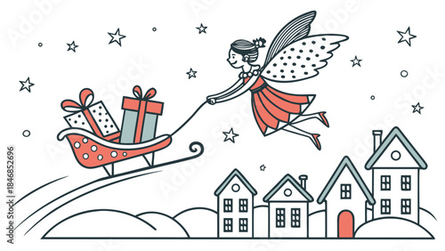 A cute cartoon fairy with wings flying over a snowy village, pulling a sleigh filled with Christmas gifts under a starry sky.