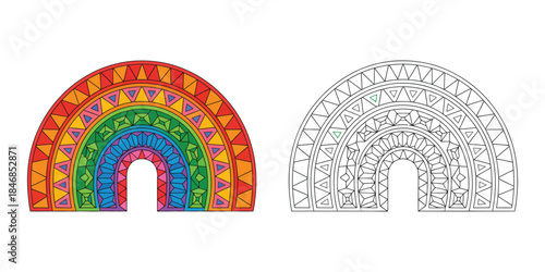 Intricate geometric rainbow coloring page Vector illustration