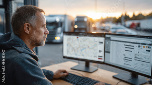 Logistics manager monitoring fleet operations on dual screens at sunset near a truck depot, focusing on route planning, fleet tracking and transportation management.