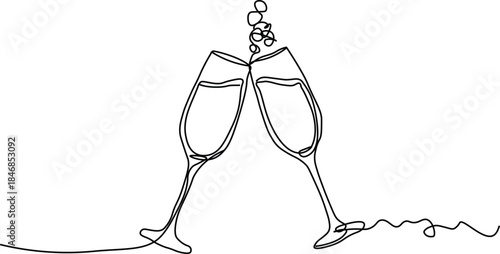 Two Champagne Glasses Continuous One Line Drawing, Minimalist Celebration Toast Vector Minimalist Single Line Art of Clinking Champagne Flutes, Romantic Wedding Toast Illustration