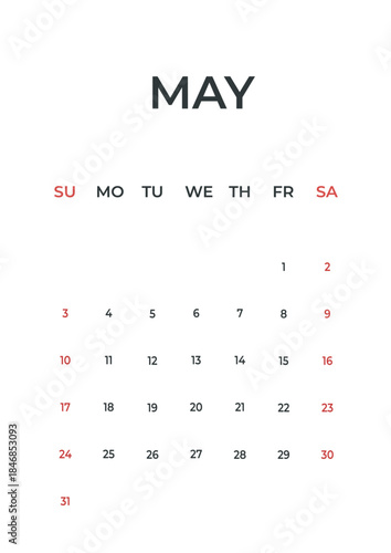 May 2026 minimal calendar design, simple template planner, week starts Sunday.