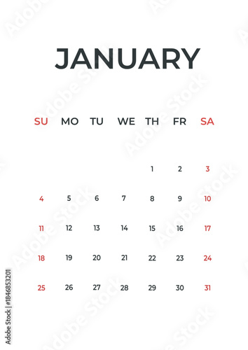 January 2026 minimal calendar design, simple template planner, week starts Sunday.