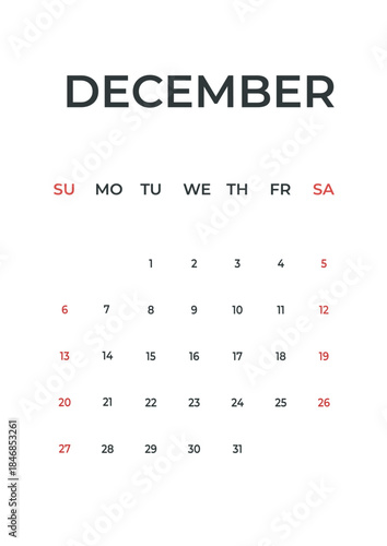 December 2026 minimal calendar design, simple template planner, week starts Sunday.