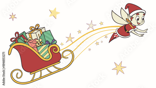 Cartoon illustration of Santa Claus flying with a sleigh full of gifts.