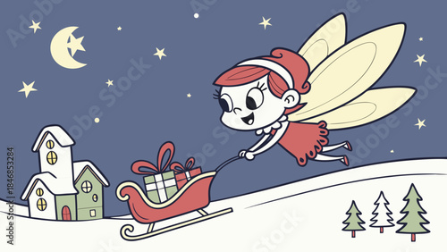 Fairy in Santa hat flying with sleigh full of gifts under starry night sky.