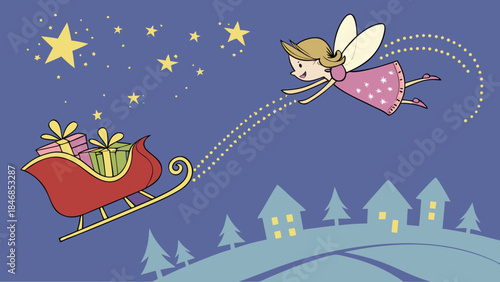 A whimsical illustration of a fairy flying with a sleigh full of gifts over a snowy village at night.
