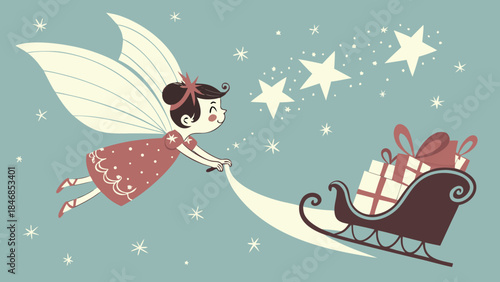 A cute cartoon fairy with wings flying and pulling a sleigh full of Christmas gifts under a starry sky.