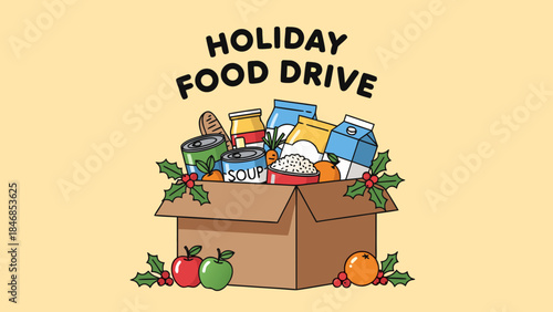 Holiday Food Drive Donation Box Filled with Canned Goods and Fresh Produce for Charity Events, Community Outreach, and Supportive Initiatives