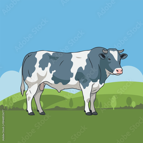 Muscular Belgian Blue Bull Standing in Green Pasture Beef Cattle Animal Character Vector Illustration