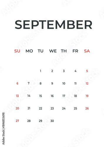 September 2026 minimal calendar design, simple template planner, week starts Sunday.
