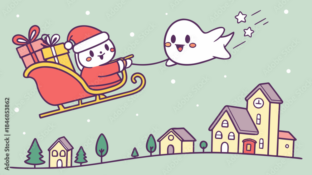 Obraz premium Cute cartoon bunny Santa in sleigh pulled by flying ghost over village.