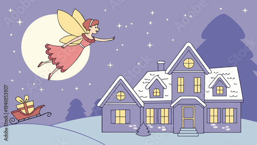 A magical fairy flies over a snow-covered house with a full moon and a sleigh carrying a gift in a winter night scene.
