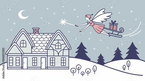 A whimsical winter scene depicts a fairy flying with a sleigh full of gifts over a snowy landscape with a charming house and evergreen trees under a crescent moon.
