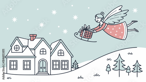 A whimsical illustration of a fairy delivering a gift on a sleigh to a snowy house.