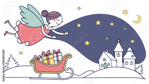A cute cartoon angel flying with a sack of stars and a sleigh full of Christmas gifts over a snowy village at night.