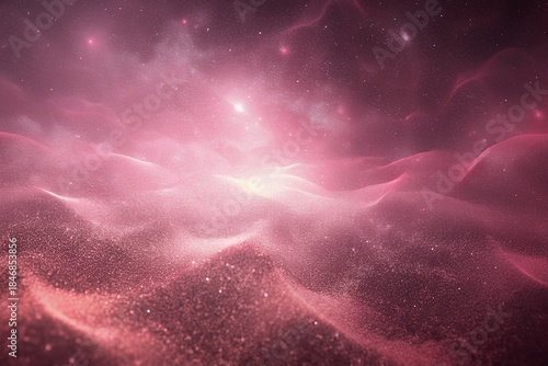 Vibrant pink cosmic landscape with sparkling particles and stars