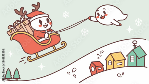 A cute cartoon Santa character in a sleigh pulled by a flying ghost-like creature over a snowy village.
