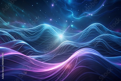 Vibrant digital waves glow in starry night sky with neon lights