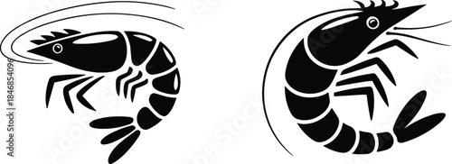 Shrimp silhouette illustration set, black prawn seafood icons in motion, minimal monochrome design for logo branding use