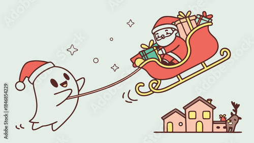 Ghost pulling Santa Claus in a sleigh on Christmas.
