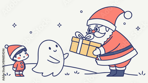 A cartoon Santa Claus giving a gift to a ghost and a child.