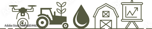 Smart agriculture line icon illustration with drone, tractor, barn, water drop and growth chart