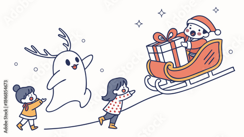 Cartoon illustration of Santa Claus in a sleigh with a gift, being approached by two happy children and a friendly reindeer-like creature.