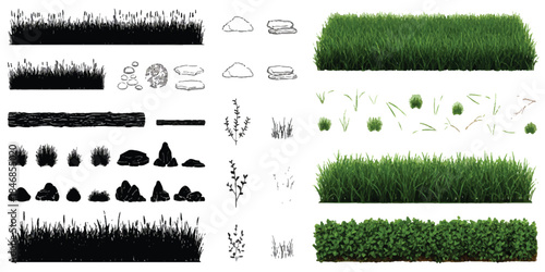 Diverse set of green grass borders, bushes, and rock silhouettes for graphic design and decoration