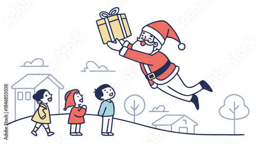 Santa Claus flying in the sky and giving a gift to children.