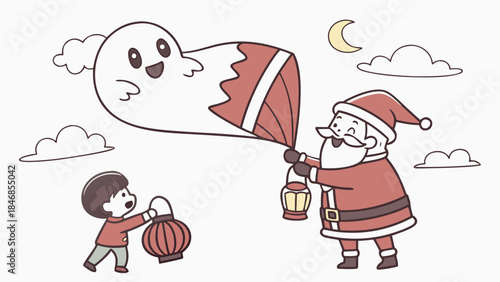 A child helping Santa Claus with a ghost and pumpkin on a cloudy night.