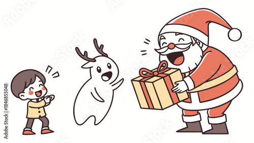 Santa Claus happily presents a gift to a delighted child and a cute reindeer character.