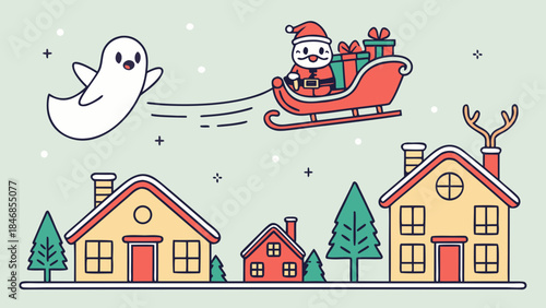 A cute ghost is flying alongside Santa Claus in his sleigh filled with presents over a snowy town with houses and trees.