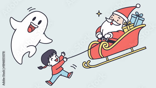 A cheerful cartoon girl pulls Santa Claus in his sleigh filled with gifts, accompanied by a happy floating ghost.