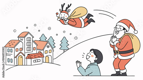 Santa Claus and a reindeer with a gift bag flying over a snowy village with a child looking up in wonder.