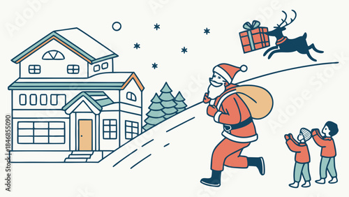 Santa Claus running up a snowy hill towards a house with a gift and reindeer flying above.