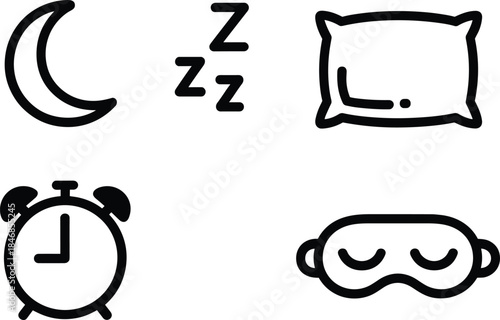 Sleep and bedtime icons set, moon pillow alarm and snoring symbols, night rest concept, minimal black vector design