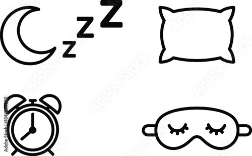Sleep and bedtime icons set, moon pillow alarm and snoring symbols, night rest concept, minimal black vector design