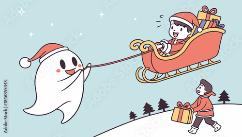 A cute ghost wearing a Santa hat pulls a sleigh filled with gifts, driven by a child dressed as Santa, while another child receives a gift.