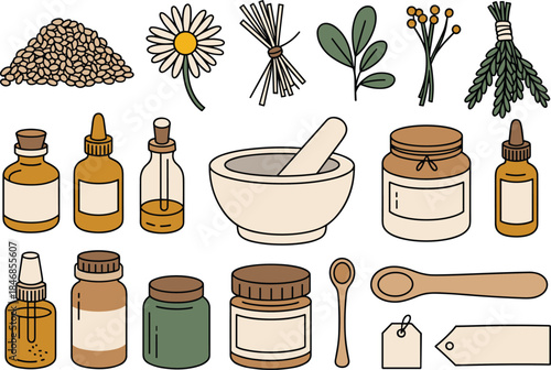 Herbal medicine illustration set, apothecary jars dried herbs flowers seeds mortar bottles, minimalist natural remedy collection