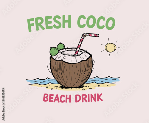 Coconut paradise artwork. tropical paradise. Coconut shop graphic print. Coconut fruit print design for t shirt print, poster, sticker, background and other uses.