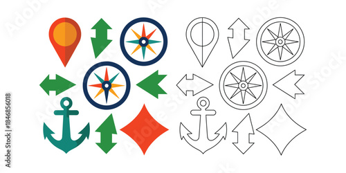 Navigation and direction icons coloring page Vector illustration