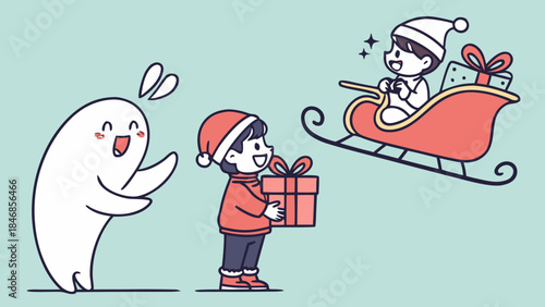 A cute ghost character is giving a Christmas gift to a boy, while another boy rides in a sleigh with presents.